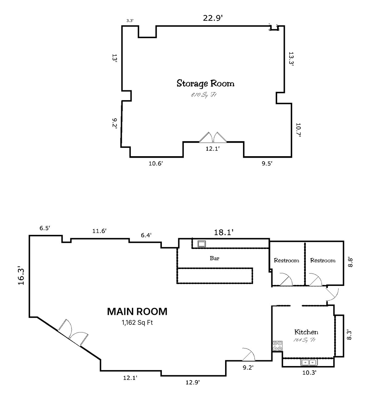 Floor plan, 525 E 6th St Units 115-117: main room with bar, kitchen, two restrooms and storage room